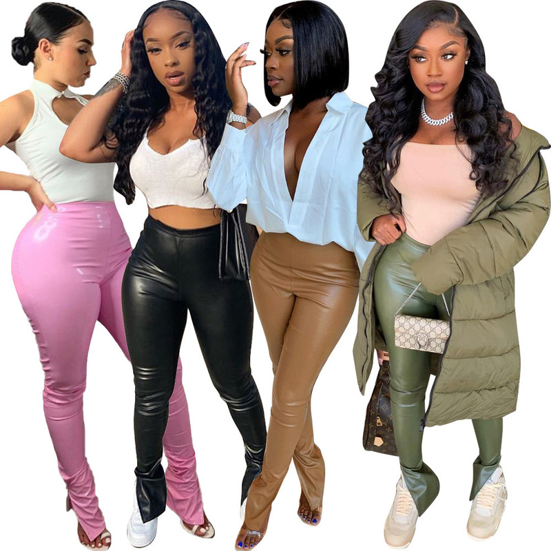 Cross-border European and American women's clothing Amazon autumn and winter new mid-waist stretch PU leather pants Sexy Slim split pencil pants for women