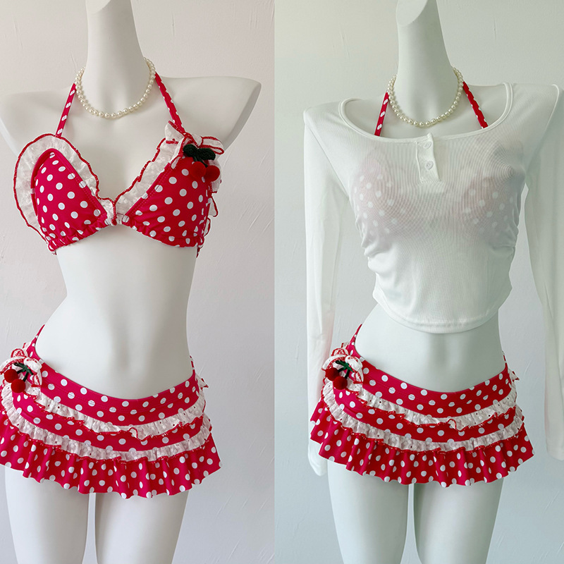 2025新款比基尼分体小樱桃三件套ins风纯欲少女可爱海边度假泳衣
