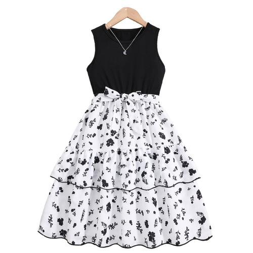 2024 Summer Girls' Dress: Sleeveless Patchwork Design, Chic Ruffled Hem, Floral Print — Cross-Border Children's Color-Block Skirt