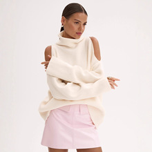 高领露肩设计感毛衣秋冬女款纯色宽松长袖针织上衣女亚马逊速卖通