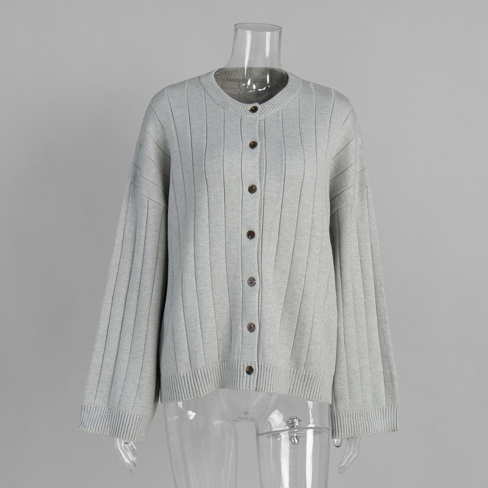 Áo cardigan len dệt kim cổ tròn dáng rộng tay dài nữ — màu vàng, màu xám nhạt chi tiết 6