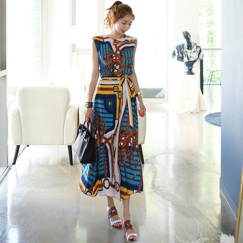 复古印花法式裙两件套 跨境女装韩版气质时尚印花+系带半身裙套装