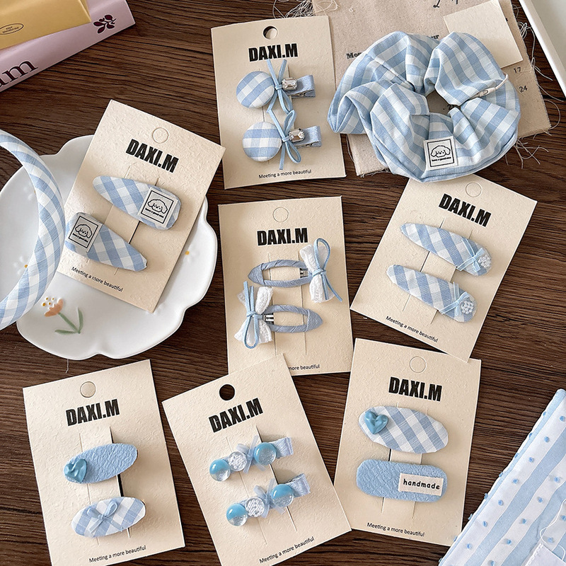 New Style Fabric Blue Plaid Bow Girl Side Clip Hairpin Girl All-match Bangs Bb Clip Hairband