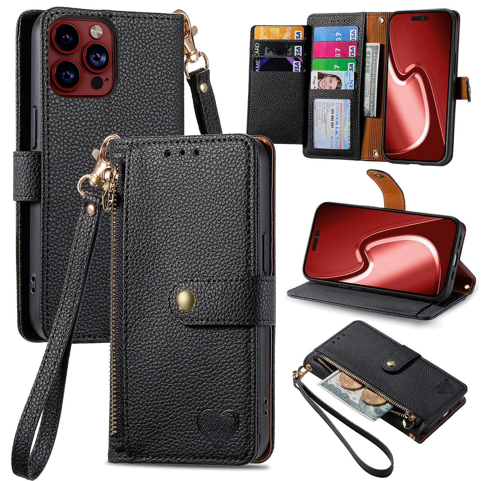 109g Weight iPhone Applicable Brands Phone Cases Classification tpu, Pu Leather Material Heart Shape, Solid Color Pattern Basic Style Heart Shape Solid Color Tpu Pu Leather Wallets 1