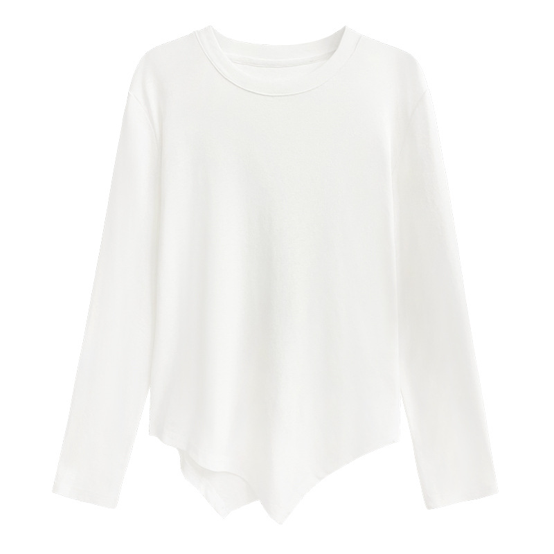 Primavera y otoño nueva suelta adelgazamiento de moda casual drapeado Camiseta asimétrica básica de cuello redondo de manga larga para mujer image 6