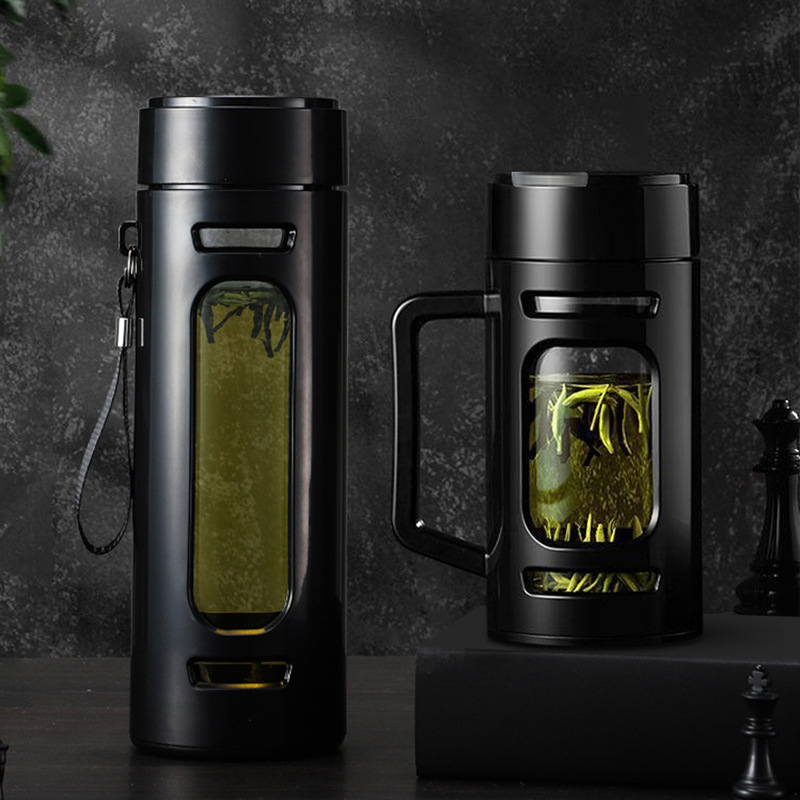 Portable Large-Capacity Glass Cup with Double-Layer Insulation for Office Business Tea Brewing, Gift Large Belly Plastic Glass Water Cup