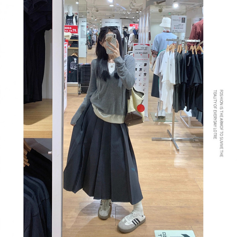 大码秋季新款显瘦假两件宽松休闲上衣百搭半身裙百褶裙套装|undefined