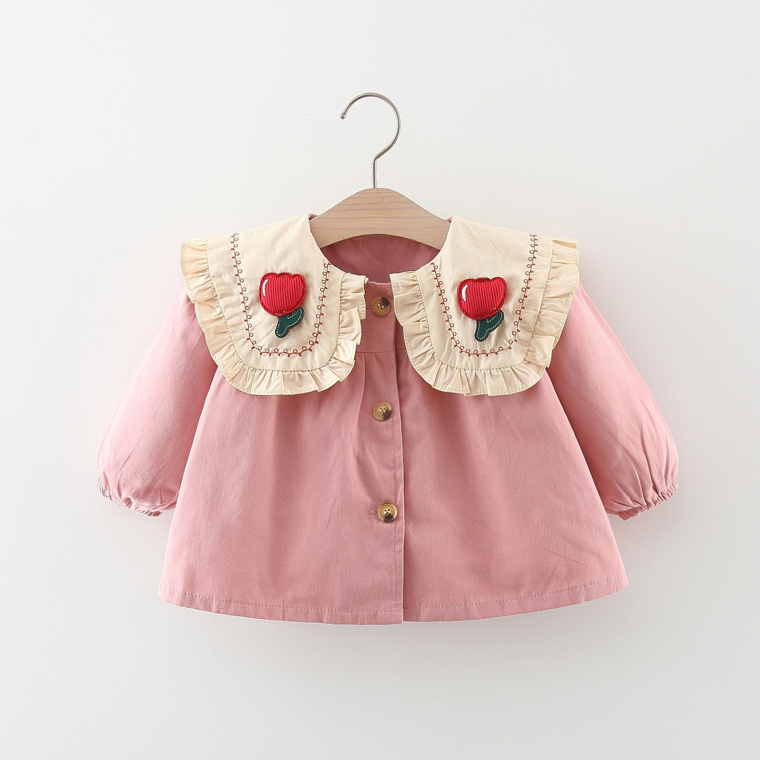 1631 primavera y otoño niñas dos flores gran solapa rompevientos estilo coreano color sólido niñas abrigo 1234 años de edad ropa para niños