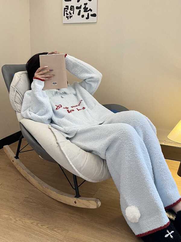 日系少女半边绒睡衣女款冬季2025新款大码宽松加厚保暖家居服套装|undefined