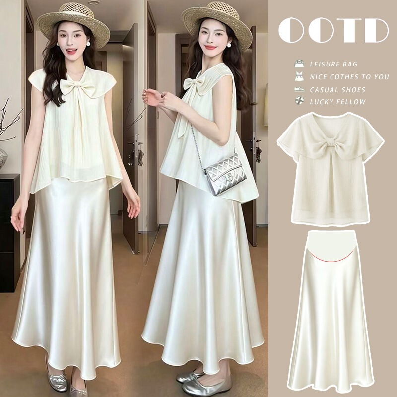 New summer maternity wear: stylish and slimming bow top + belly-supporting half skirt two-piece set New summer maternity wear: stylish and slimming bow top + belly-supporting half skirt two-piece set