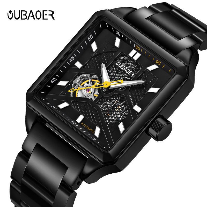 Oubaoer reloj mecánico automático reloj de hombre de moda hueco impermeable banda de acero reloj cuadrado 2003A