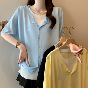 Actual Shot of the New Summer Style Large Size Korean Style Fake Two-Piece Contrasting Color Knitted Cardigan Lazy Style Shirt Top