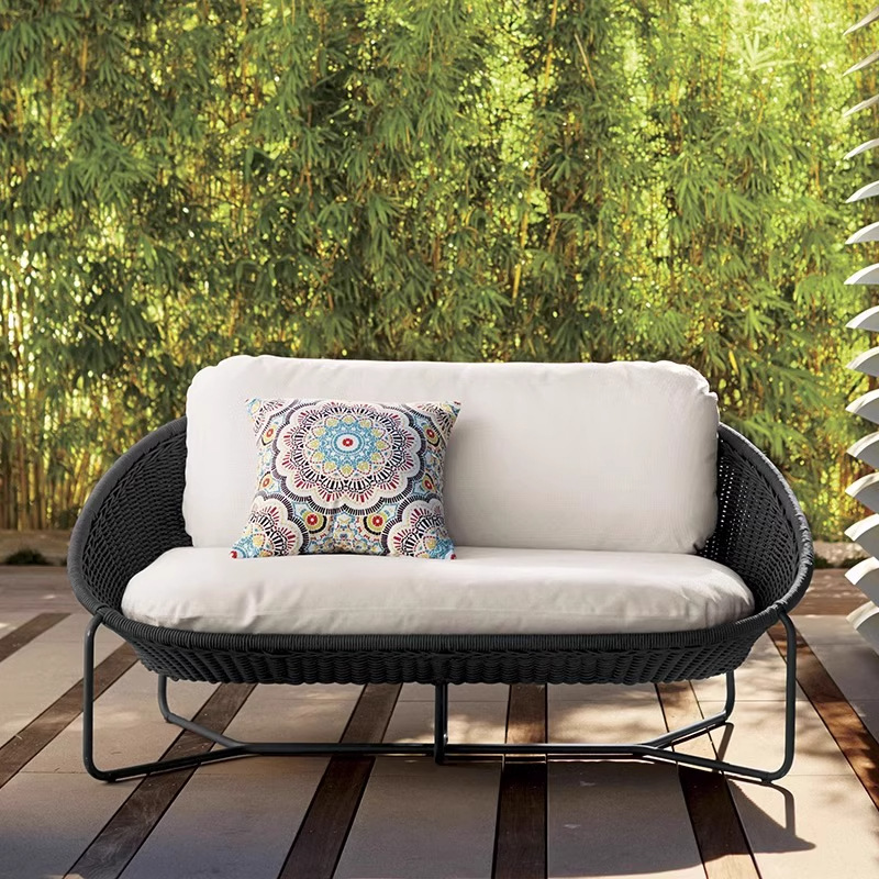 Ocio al aire libre sofá de caña patio jardín silla de trenzado de cuerda de doble persona interior y exterior balcón combinación de sillón de relajación
