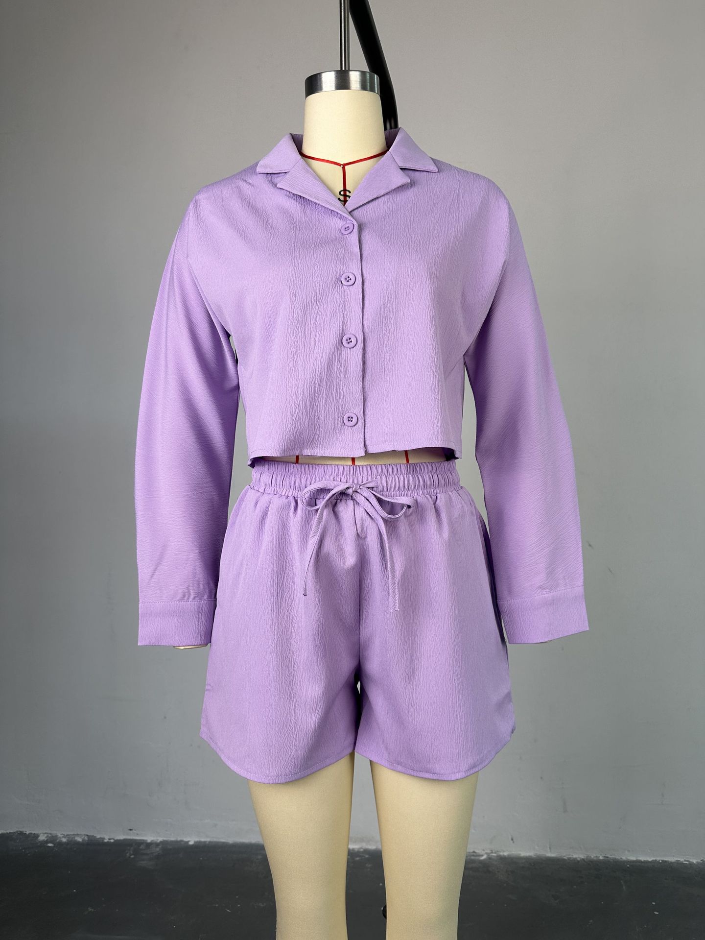 Women Clothing Summer Sweet Fresh Suit Collar Long Sleeve Shirt High Waist Drawstring Shorts Casual Suit