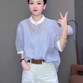 仅用于产品展示勿拍-蓝色翻领条纹衬衫短袖T恤女2025新款夏季时尚