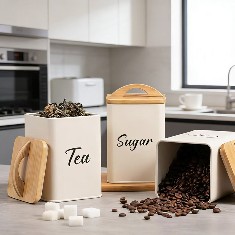 Cross-border coffee, tea, and sugar square sealed jar in beige with wooden handle lid, multi-purpose kitchen countertop food organizer Cross-border coffee, tea, and sugar square sealed jar in beige with wooden handle lid, multi-purpose kitchen countertop food organizer