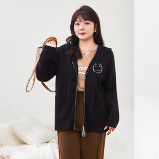 CaiDuobao plus size Women's Fat mm2024 Winter New Hooded Smiley Jacquard Wool Coat DDMY2039