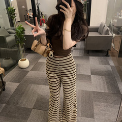 纯欲风辣妹短袖V领上衣条纹阔腿裤女装2025夏新款修身显瘦套装