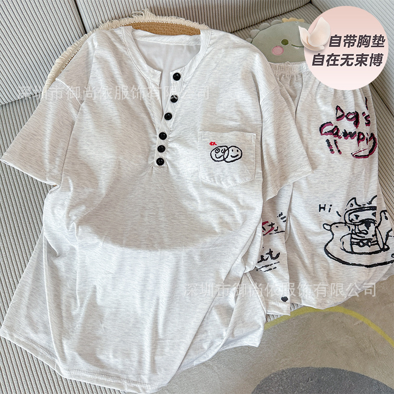 Soft and comfortable women's pajamas with built-in chest pads, featuring a new summer short-sleeved and short-legged design, a cute cartoon cat print, and a relaxed, casual style that can also be worn as loungewear