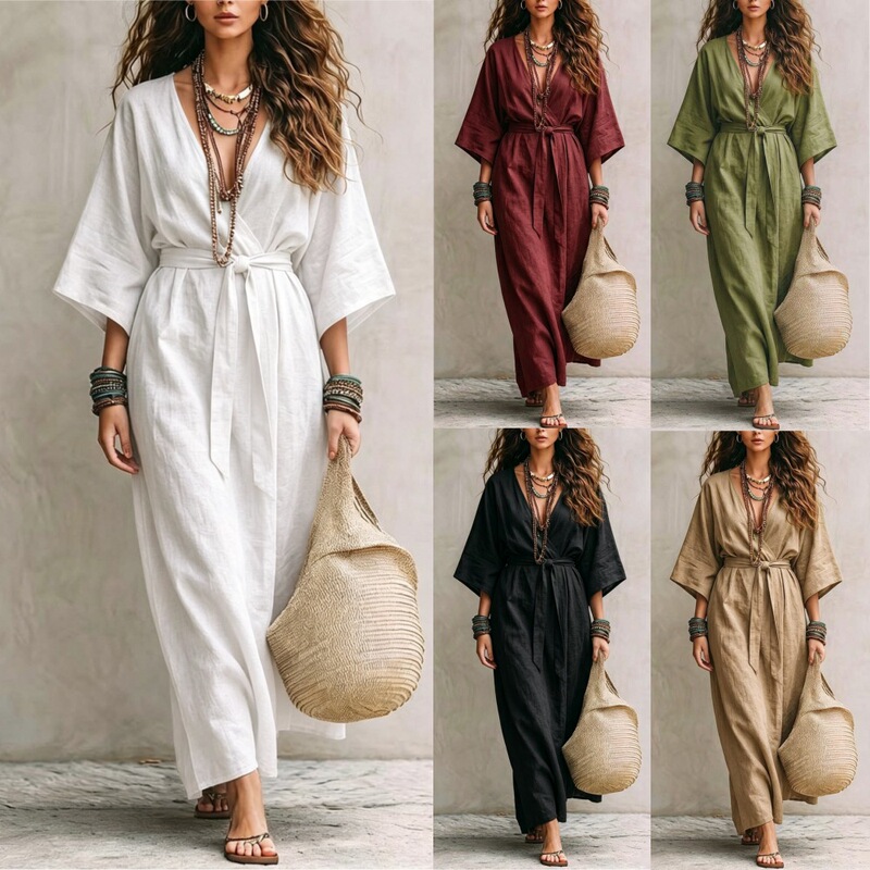 2026 European and American cross-border foreign trade Amazon independent website summer new solid color V-neck tie elegant dress 2026 European and American cross-border foreign trade Amazon independent website summer new solid color V-neck tie elegant dress