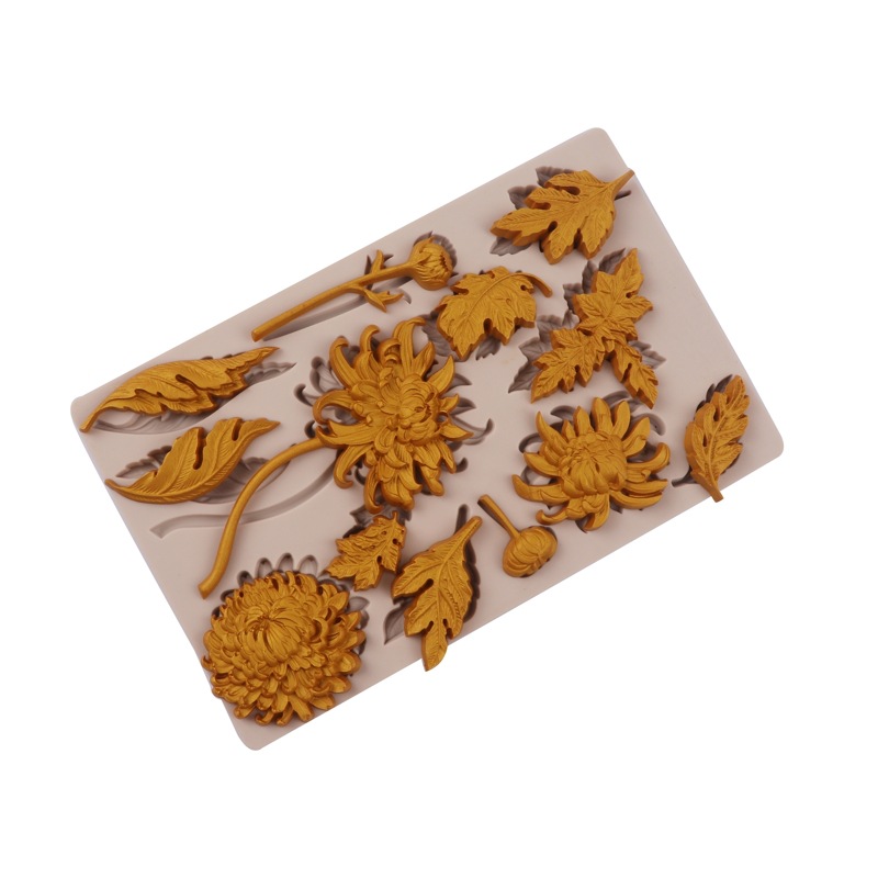 Nueva decoración de chocolate crisantemo flor fondant molde silicona DIY hoja tallo pastel epoxi