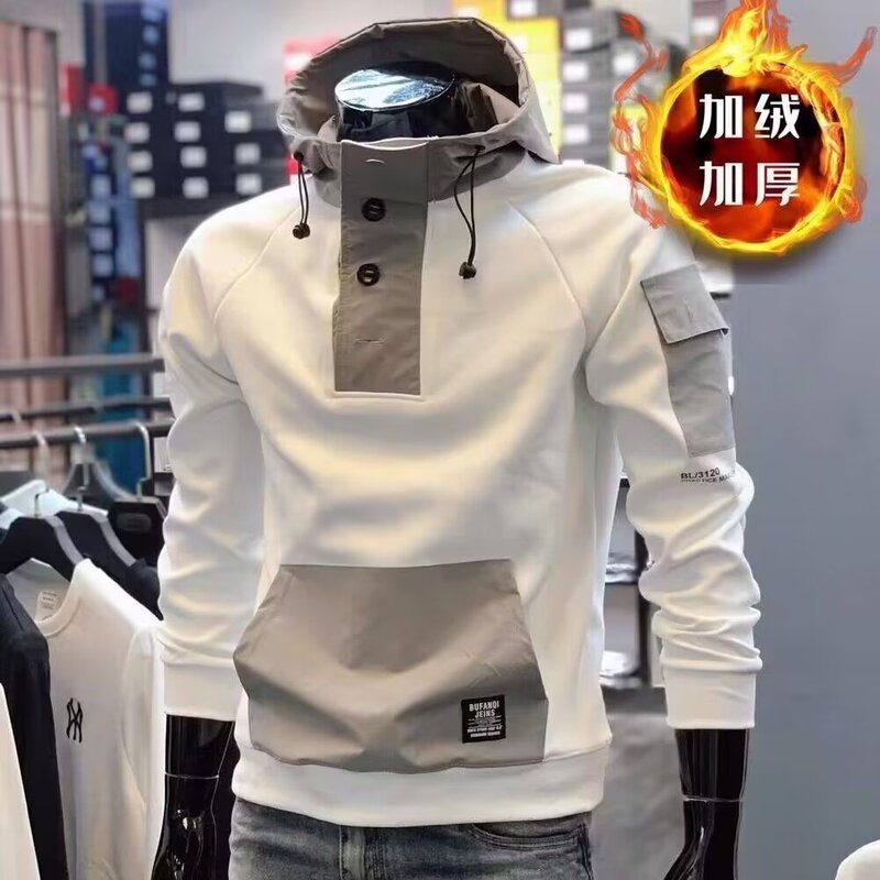 Fall 2023 New loose fashion brand sweater men's hooded workwear pullover top sports casual stitching hoodie