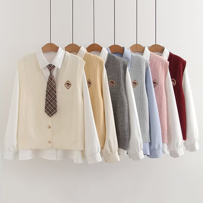 Jk Embroidered Vest Shirt Two-Piece Set for Women Knitted Vest 2025 Autumn Suit Layered Vest Vest