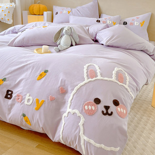 Super Soft Class a Washed Cotton Four-Piece Set for Naked Sleeping Embroidered Cotton Quilt Cover Pure Cotton Fitted Sheet Cute Cartoon Bedding