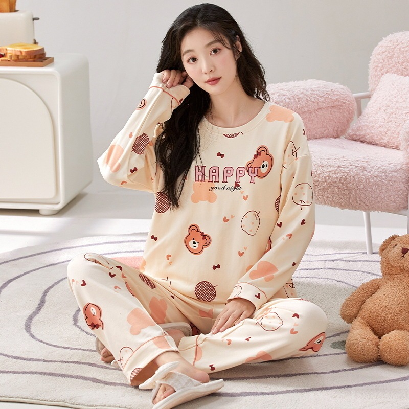 春秋季带胸垫睡衣女士长袖长裤免穿内衣文胸家居服套装居家可外穿|undefined