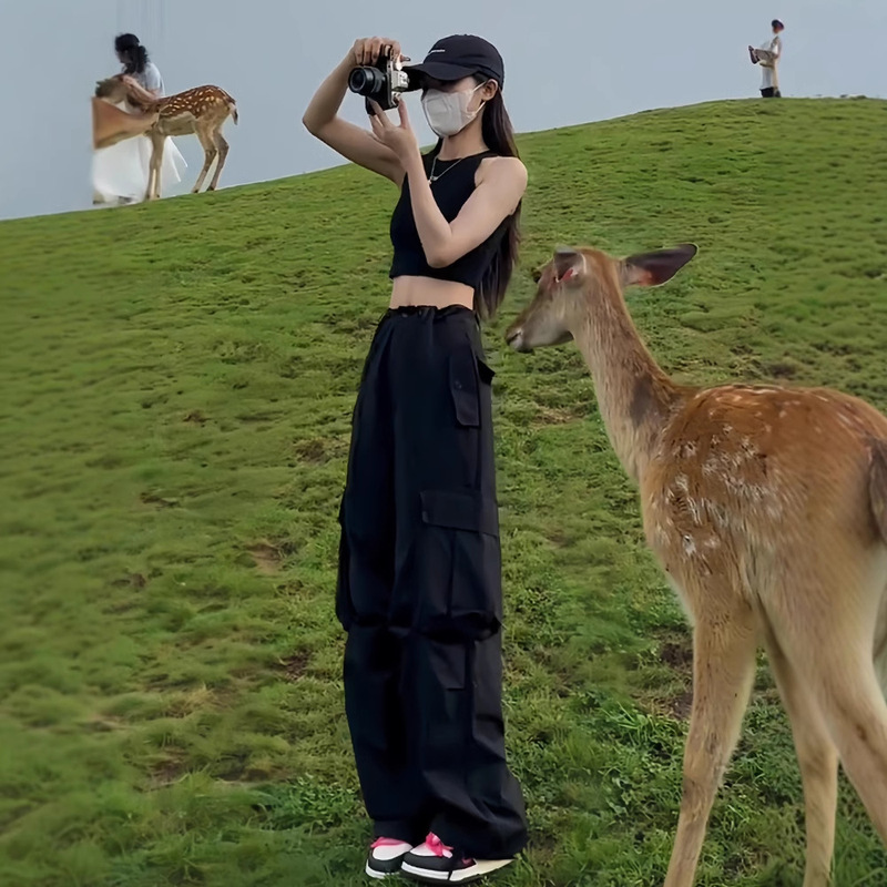 American-Style Mountaineering Overalls for Women in Spring, Autumn and Summer, High-Waisted, Loose, Casual, Wide-Leg Outdoor Quick-Drying Sports Pants for Small People