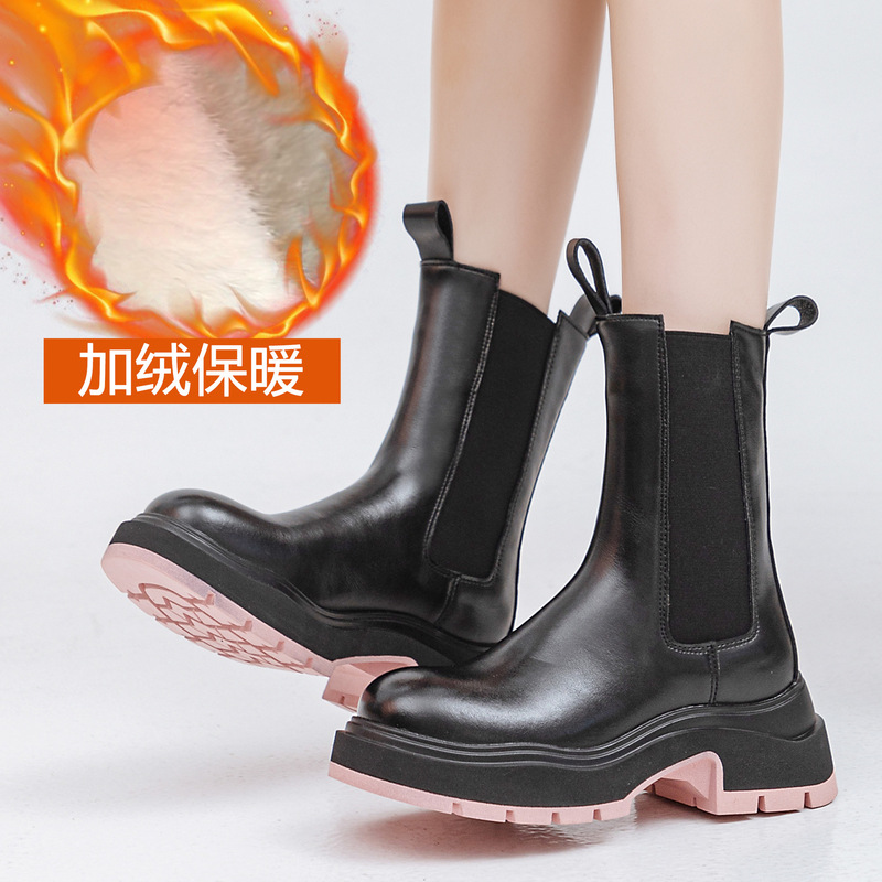 Genuine Leather Thick Sole Heightening Bv Boots 2025 Autumn and Winter New Round Toe Black Boots Trbottomyy and Comfortable Chimney Boots for Women