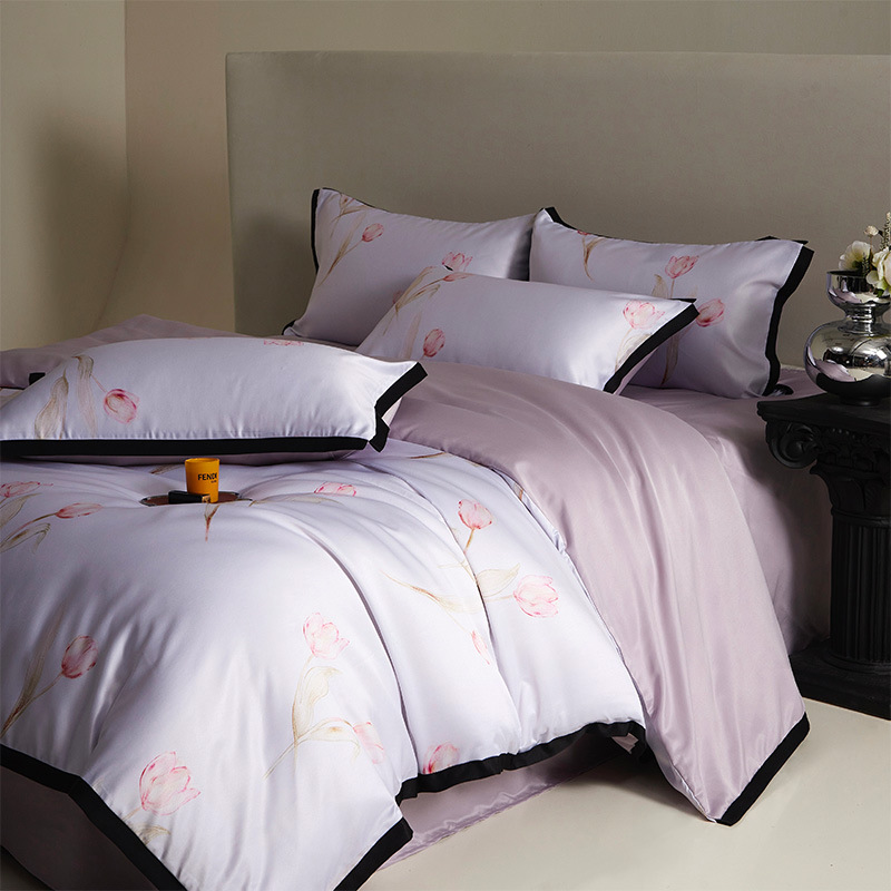 Juego de seda de hielo de cuatro piezas de verano sedoso desnudo edredón ligero de lujo de alta calidad ropa de cama lavada juego de tres piezas de cama