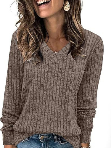 2024 Amazon Wish Bestselling Cross-border Women's Fashion Long-sleeved V-neck Ribbed Velvety Knit Top T-shirt