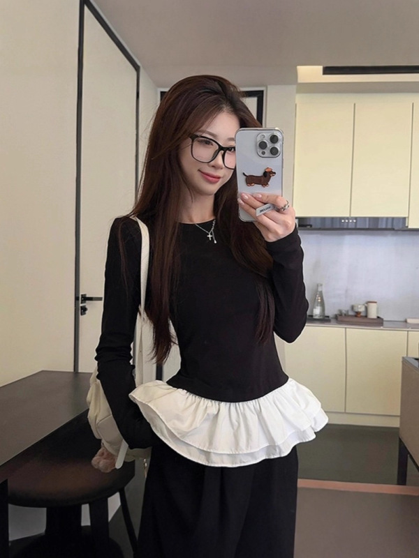秋季新款纯欲风辣妹棉长袖正肩t恤女修身显瘦百搭设计感女打底衫|undefined