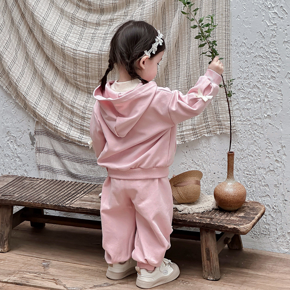 Ropa de bebé ropa de otoño bebé de dos piezas con lazo decoración cremallera chaqueta con capucha traje de pantalón traje de niña