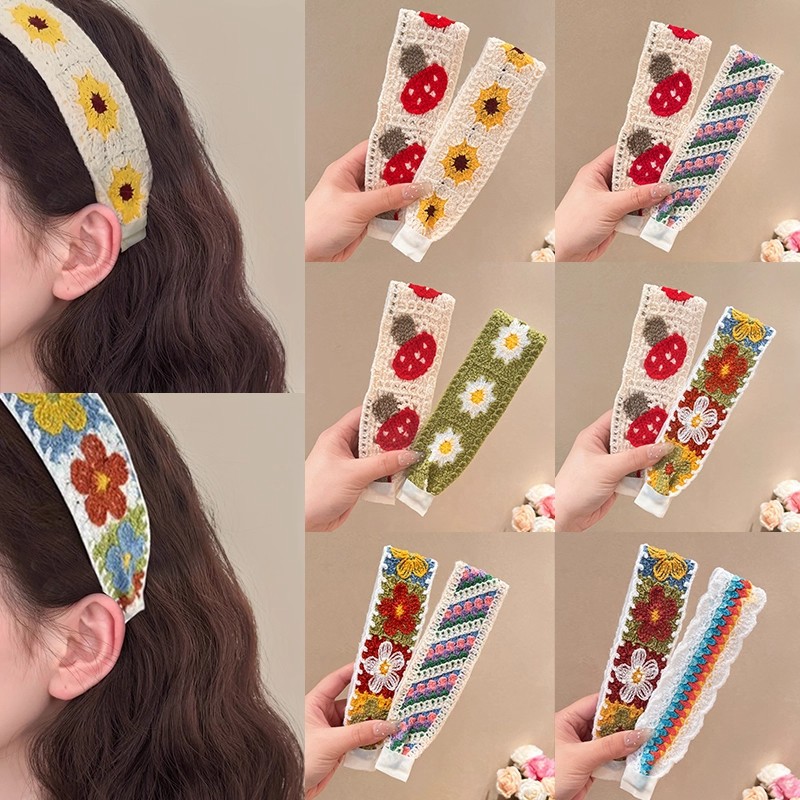 French-Style Knitted Embroidered Magic Tape Headband for Women 2025 New Wide Hairband Adult Bangs and Stray Hair Organizer