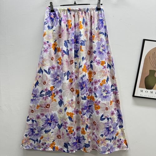 Women's Slimming Casual High-Waisted Straight Hem Silk-Cotton Skirt with Sheer Fabric and Floral Pattern, Forest Style