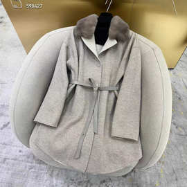 2025秋冬新款 高贵优雅 奢华气质 水貂毛领中长款羊毛大衣 批发