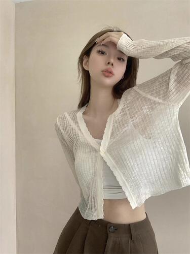 Designer-style niche summer jacket, slimming thin top, cross-border women's V-neck apricot long-sleeved knitted sweater for layering