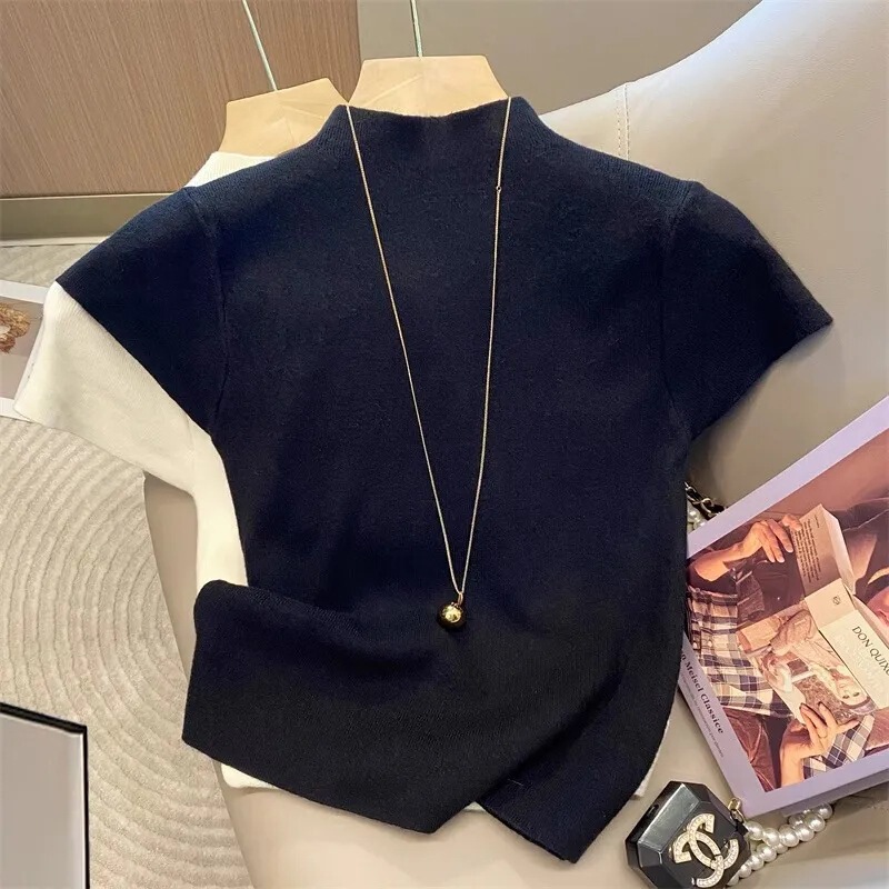Dopamine Hot Girl Black Half-High Collar Regular Shoulder Short Sleeve T-Shirt for Women, Summer Slim Fit Base Shirt, Short Sleeveless Top Dopamine Hot Girl Black Half-High Collar Regular Shoulder Short Sleeve T-Shirt for Women, Summer Slim Fit Base Shirt, Short Sleeveless Top