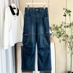 大码女装秋季新款遮肉美式复古牛仔工装裤200斤胖MM直筒长裤8183