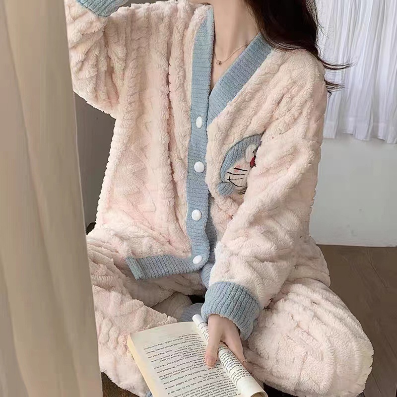 Paidaxing pijamas Otoño e Invierno de las mujeres de coral de lana forrada de lana engrosada lindo Red rojo estilo franela desgaste del hogar traje