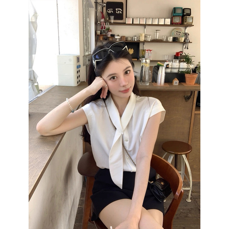 2025法式领飘带设计感小众白色衬衫女夏气质衬衣显瘦短袖别致上衣|undefined