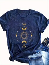 R 74131 Sun Moon Stars Print T-shirt ӡ������T�� ŷ���羳��