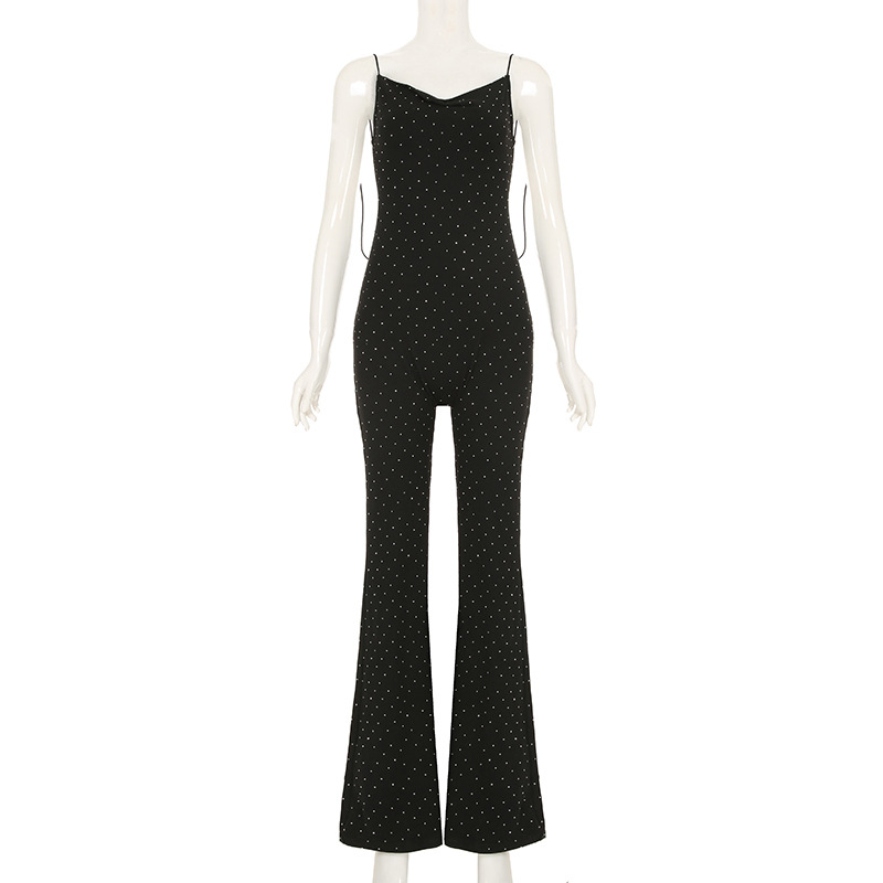 Women Clothing Rhinestone Sexy Siamese Trousers Elegant V neck Slim Fit Sheath Bell Bottom Pants Jumpsuit