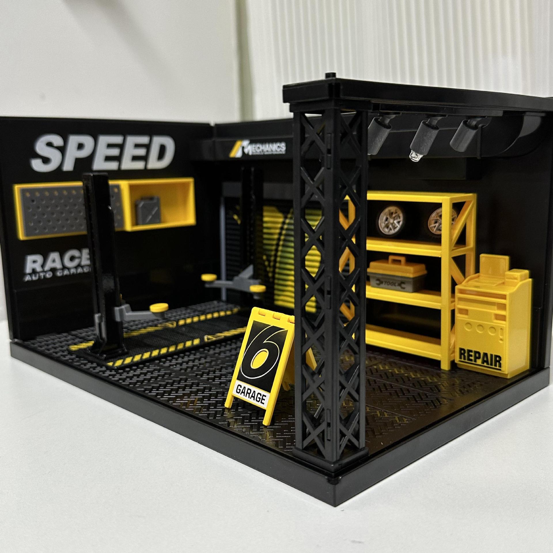 Aleación 1 a 24 modelo de coche DIY escena reparación tienda de elevación de juguete con luz edificio modelo pantalla acrílico adornos