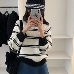 韩系polo领条纹套头毛衣女秋冬宽松翻领半拉链软糯减龄针织衫上衣