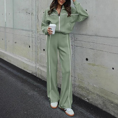 2025欧美女式气质通勤两件套运动服秋季长袖拉链运动衫长裤套装