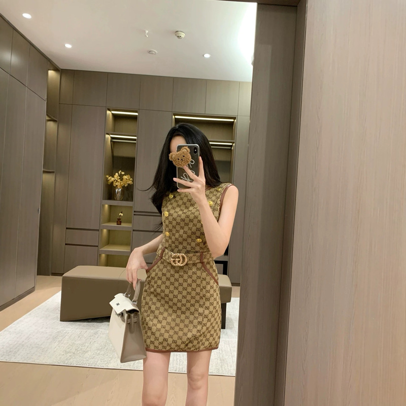 Nanyou's New Gg Full-Print Monogram French-Style Elegant Fashion Dress for Women Comes with a Belt