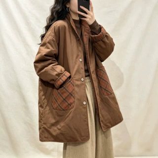 琪镌绘制冬季新款立领韩系两面穿棉服女中长款单排扣文艺加棉外套